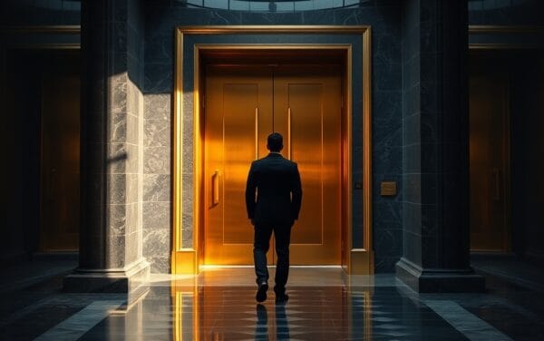 Porte massive en bronze d'une chambre législative entrouverte dans un couloir de marbre, silhouette de dos au fond.