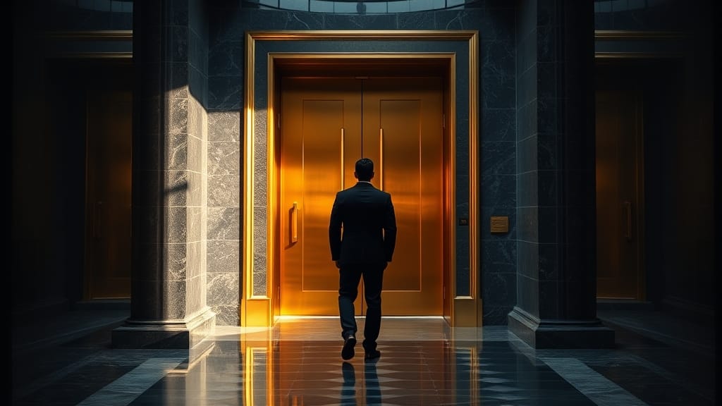 CLARITY Act : XRP en tête des gains, mais la bullrun attend le Congrès 1 Porte massive en bronze d'une chambre législative entrouverte dans un couloir de marbre, silhouette de dos au fond.
