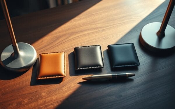 Bureau en bois sombre avec trois portefeuilles matériels fermés alignés près d'un carnet en cuir, lumière chaude.