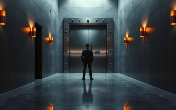 Porte de coffre-fort en acier entrouverte dans un couloir institutionnel sombre, silhouette d'analyste de dos au loin.