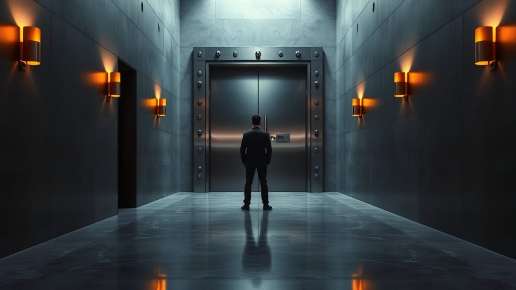 Clear Signing : Ethereum met fin aux signatures aveugles en 2026 1 Porte de coffre-fort en acier entrouverte dans un couloir institutionnel sombre, silhouette d'analyste de dos au loin.