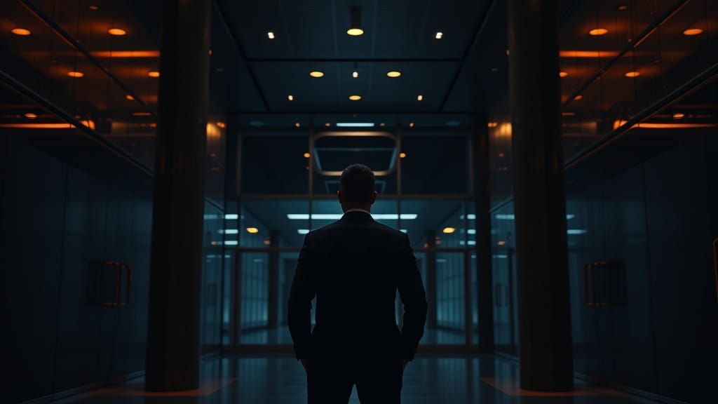 Silhouette d'une personne face à une salle des marchés institutionnelle dans une lumière tamisée navy et ambre.