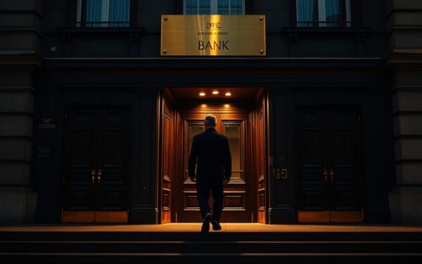 Façade d'un siège bancaire parisien au crépuscule, silhouette de dos sur les marches en pierre, lumière ambrée