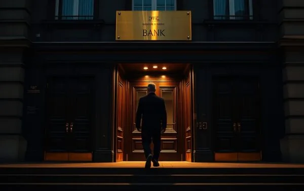 Façade d'un siège bancaire parisien au crépuscule, silhouette de dos sur les marches en pierre, lumière ambrée