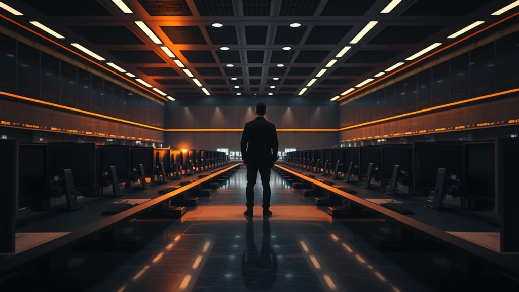 Crypto France : HEURO double le marché, Wigl lève 1,5 M€ 1 Salle des marchés parisienne vide à l'aube, écrans éteints, silhouette d'analyste de dos au fond