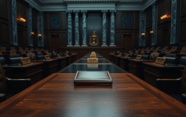 Salle d'audition vide du Capitole américain au crépuscule, dossier en cuir fermé sur une table en bois sombre.