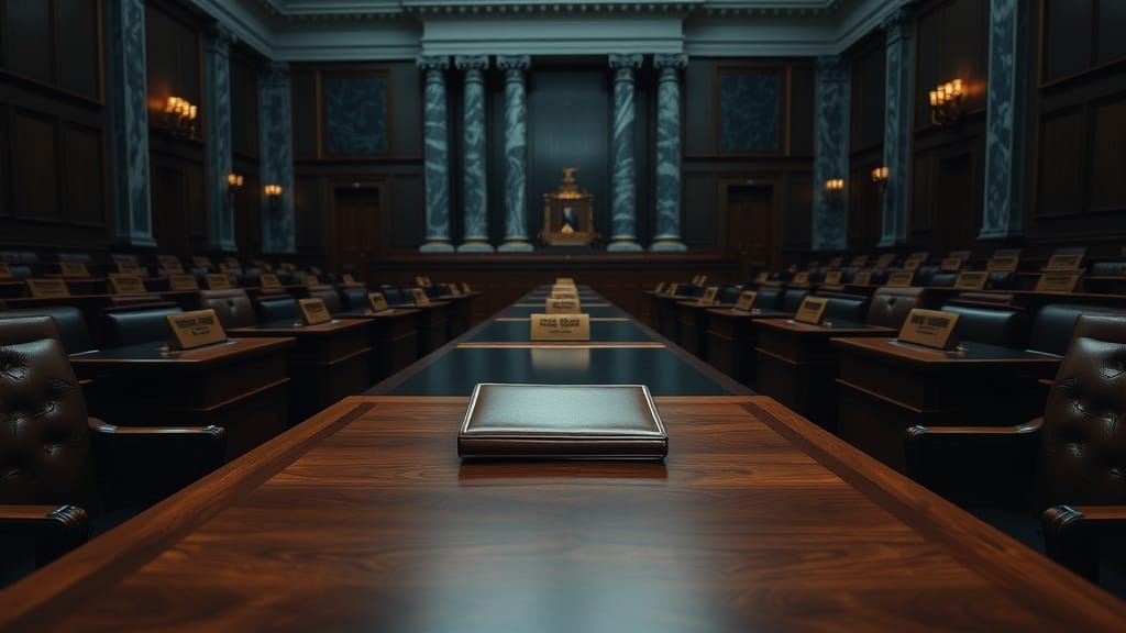 Salle d'audition vide du Capitole américain au crépuscule, dossier en cuir fermé sur une table en bois sombre.