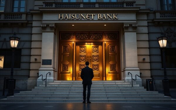 Façade haussmannienne d'une banque parisienne au crépuscule, portes de bronze entrouvertes, silhouette de visiteur de dos.