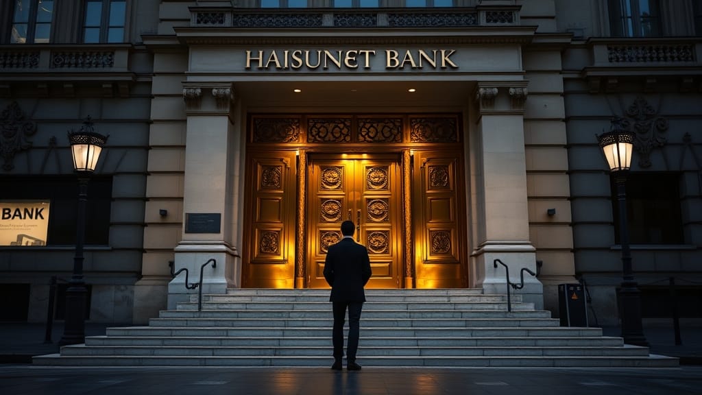 Façade haussmannienne d'une banque parisienne au crépuscule, portes de bronze entrouvertes, silhouette de visiteur de dos.