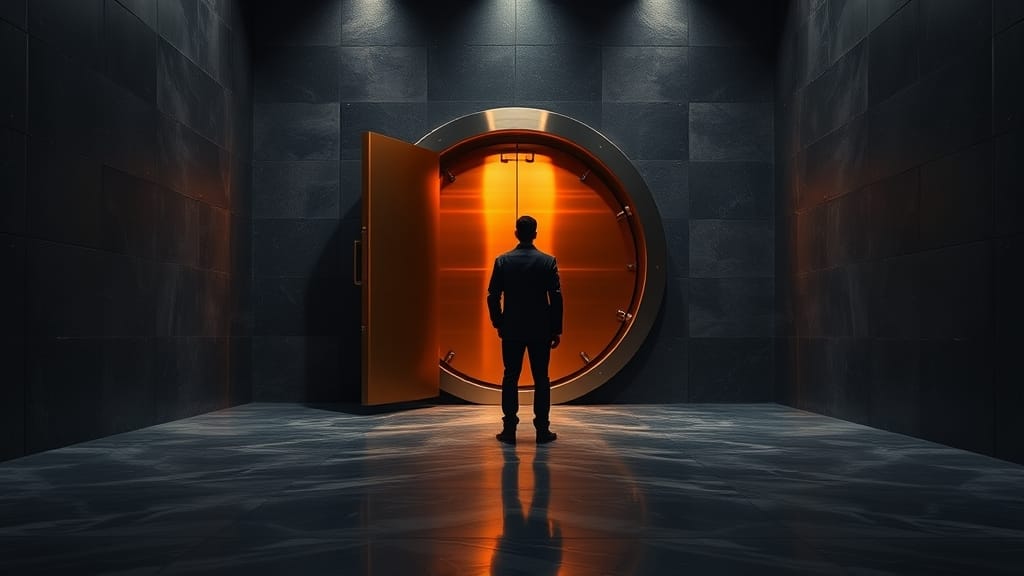Cycle Bitcoin 2026 : les données on-chain actent un changement 1 Porte de coffre en cuivre brossé entrouverte dans une chambre forte feutrée, silhouette d'analyste de dos au loin.