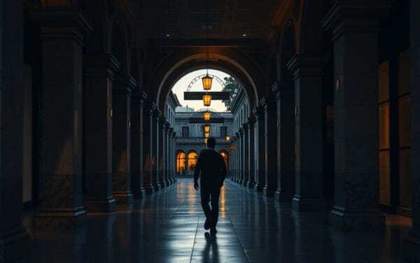 Arcade en pierre d'une place latino-américaine au crépuscule, silhouette d'un passant s'éloignant dans la perspective.