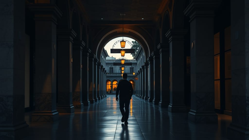 Arcade en pierre d'une place latino-américaine au crépuscule, silhouette d'un passant s'éloignant dans la perspective.