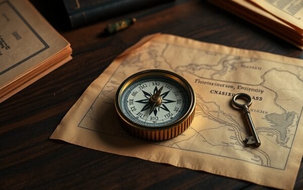 Boussole en cuivre posée sur une carte ancienne avec chemins entrelacés, symbolisant un guide pas-à-pas vers la DeFi.