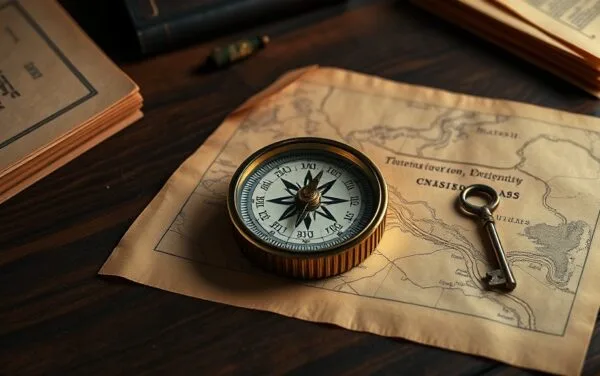 Boussole en cuivre posée sur une carte ancienne avec chemins entrelacés, symbolisant un guide pas-à-pas vers la DeFi.