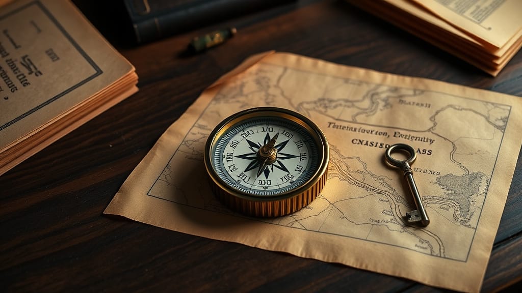 DeFi pour débutants : le tutoriel pas-à-pas en 8 étapes 1 Boussole en cuivre posée sur une carte ancienne avec chemins entrelacés, symbolisant un guide pas-à-pas vers la DeFi.