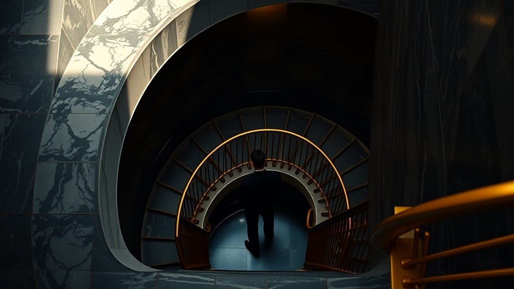 DeFi pour débutants : tutoriel français pas-à-pas en 2026 1 Escalier en spirale doré descendant vers un atrium en marbre, silhouette de dos au pied des marches.