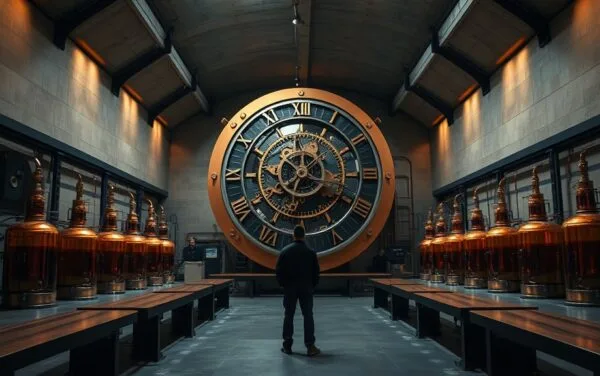 Salle voûtée institutionnelle aux teintes navy et cuivre, silhouette d'analyste de dos devant des installations mécaniques.