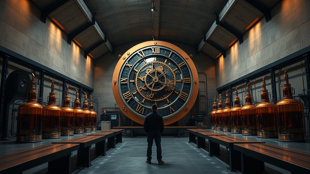 Salle voûtée institutionnelle aux teintes navy et cuivre, silhouette d'analyste de dos devant des installations mécaniques.