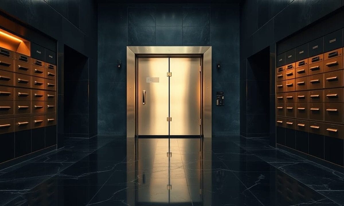 Porte blindée d'un coffre bancaire entrouverte dans un couloir aux tons navy et reflets cuivrés.