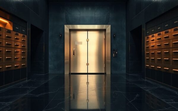 Porte blindée d'un coffre bancaire entrouverte dans un couloir aux tons navy et reflets cuivrés.