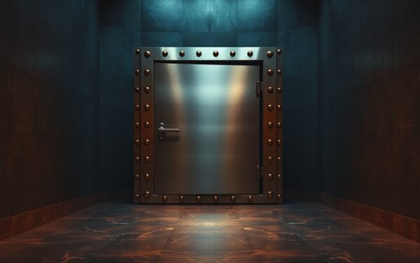 Porte de coffre-fort en acier entrouverte dans un couloir institutionnel aux tons navy et ambre cuivré.