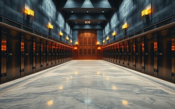 Chambre forte d'une institution financière européenne, portes en acier brossé, sol de marbre, lumière ambrée chaude.