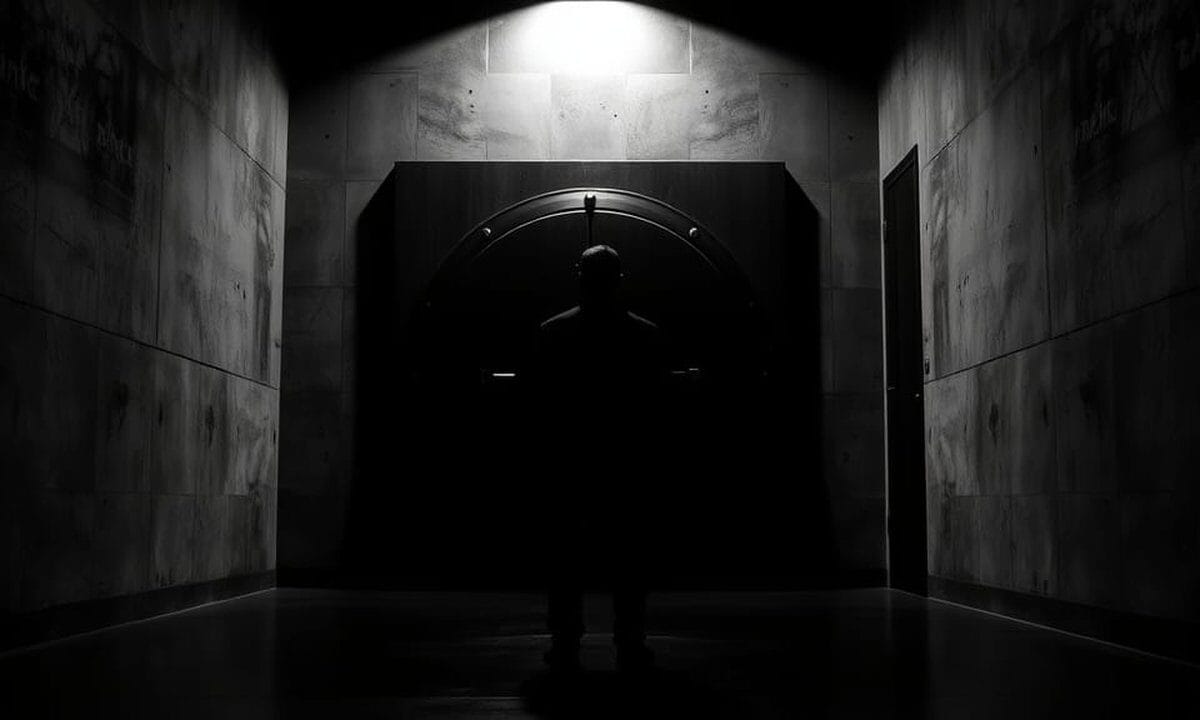 Porte de coffre-fort entrouverte dans un couloir institutionnel, silhouette de dos en noir et blanc contrasté.