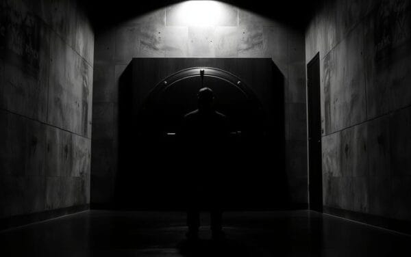 Porte de coffre-fort entrouverte dans un couloir institutionnel, silhouette de dos en noir et blanc contrasté.