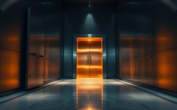 Couloir institutionnel avec deux coffres-forts entrouverts et un troisième largement ouvert, illuminé d'ambre chaud.
