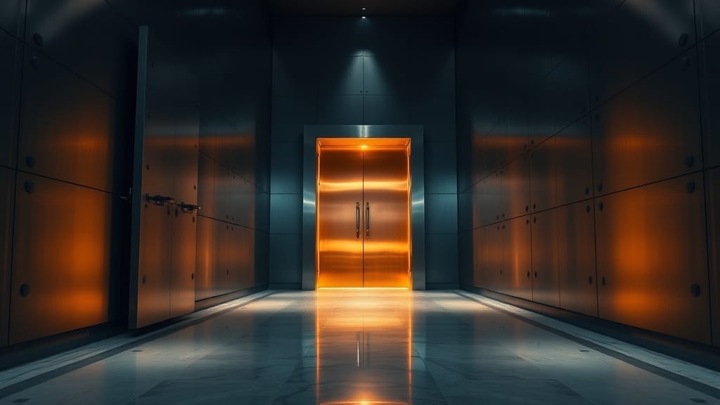 ETF crypto : Bitcoin et Ethereum décrochent, Hyperliquid explose 1 Couloir institutionnel avec deux coffres-forts entrouverts et un troisième largement ouvert, illuminé d'ambre chaud.