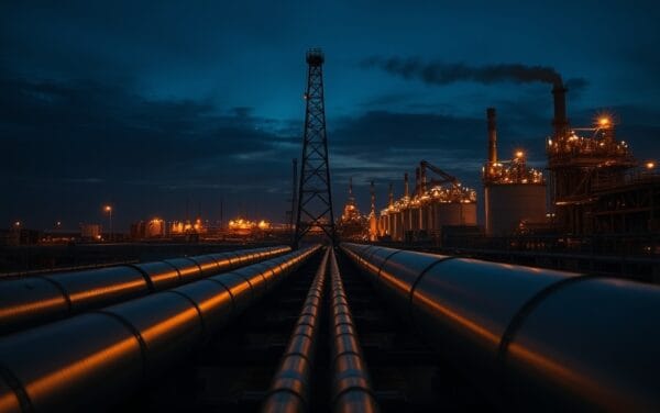 Derrick pétrolier en silhouette devant un complexe industriel au crépuscule, lumière navy et ambre