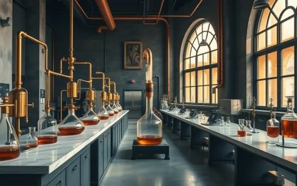 Laboratoire industriel sombre avec colonnes de cuivre et fluides ambrés, lumière dorée filtrée par de hautes fenêtres.