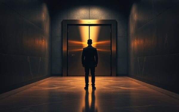 Couloir institutionnel sombre avec porte de coffre en acier entrouverte et silhouette d'analyste de dos au loin