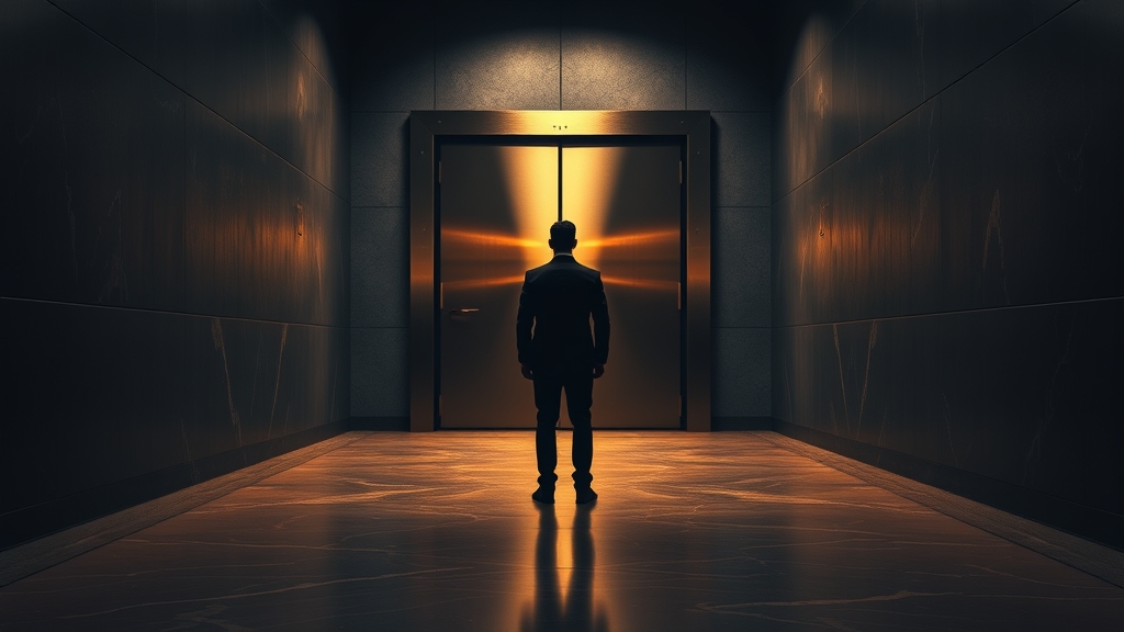 Couloir institutionnel sombre avec porte de coffre en acier entrouverte et silhouette d'analyste de dos au loin