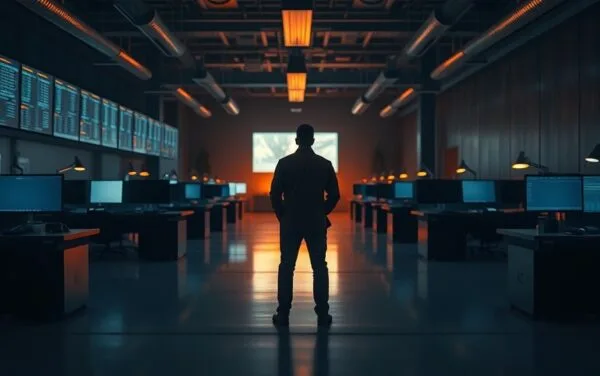 Salle des marchés institutionnelle au crépuscule, silhouette d'analyste devant des écrans flous, ambiance navy et ambre.