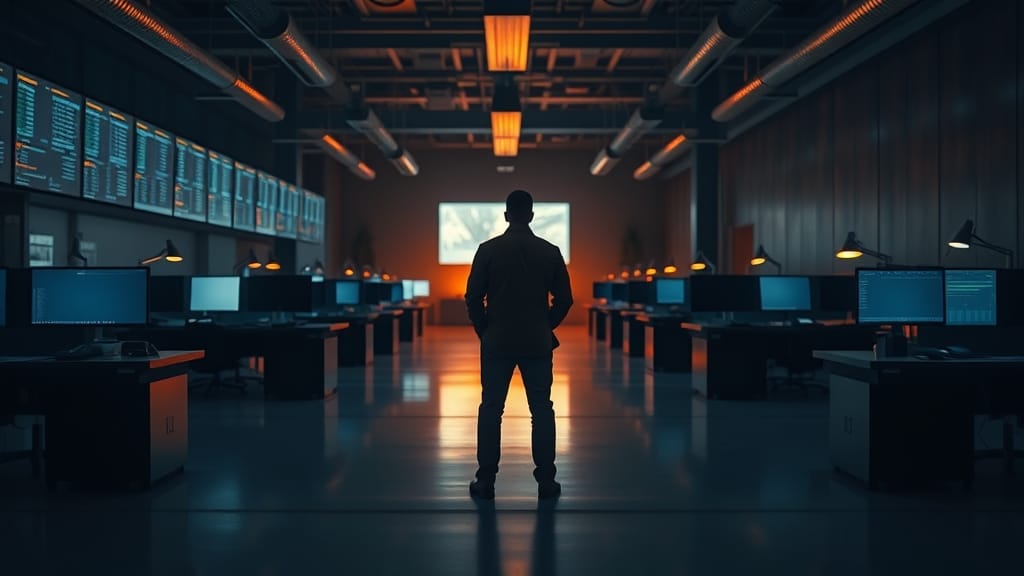 Salle des marchés institutionnelle au crépuscule, silhouette d'analyste devant des écrans flous, ambiance navy et ambre.