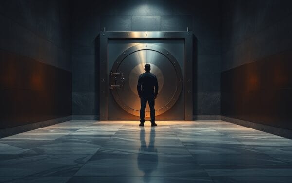 Couloir institutionnel sombre avec porte de coffre en acier entrouverte et silhouette d'analyste de dos