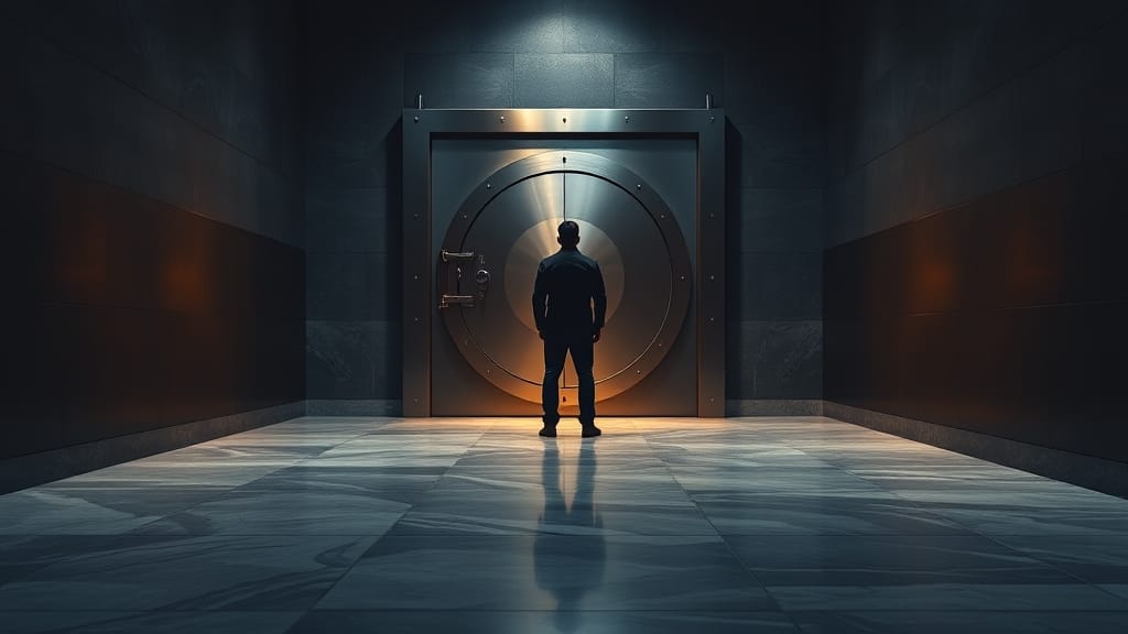 Couloir institutionnel sombre avec porte de coffre en acier entrouverte et silhouette d'analyste de dos