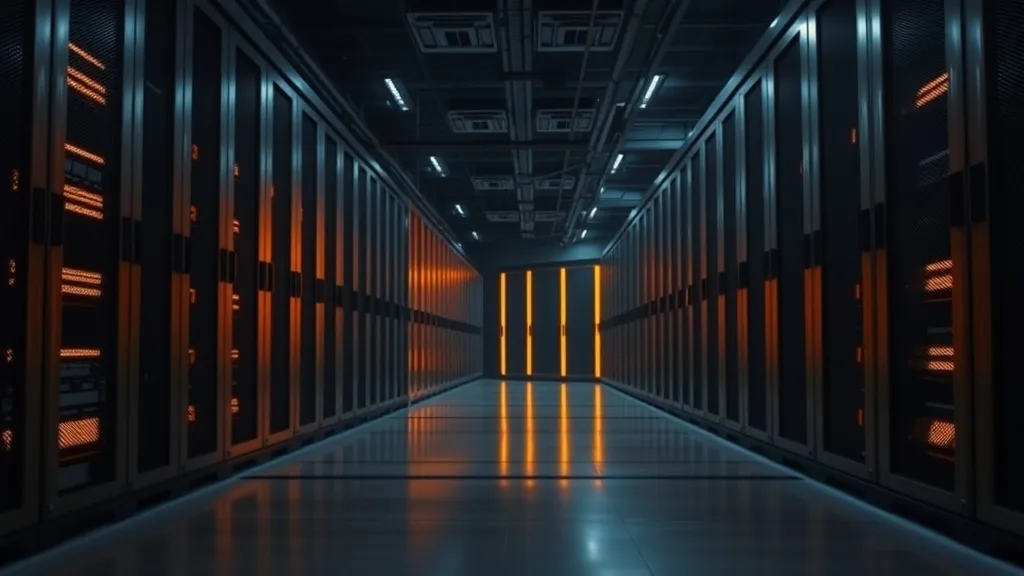 Couloir de salle serveurs vide, rangées de baies métalliques sombres éclairées par des accents ambrés.