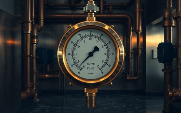Manomètre en laiton dans une salle des machines aux teintes navy et ambre, aiguille au point neutre.