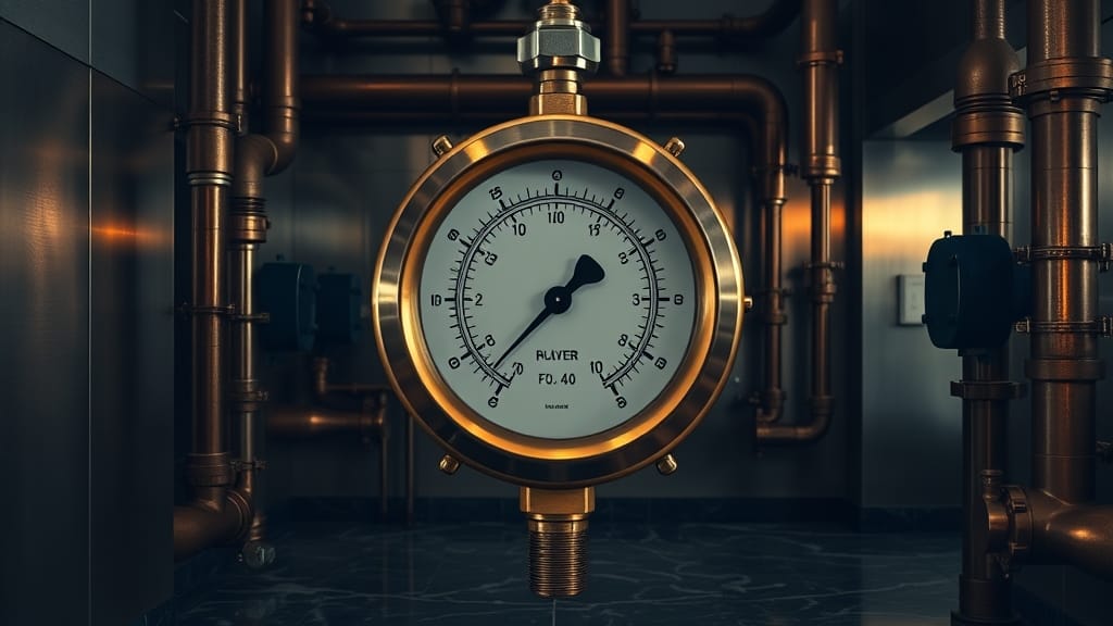 Manomètre en laiton dans une salle des machines aux teintes navy et ambre, aiguille au point neutre.
