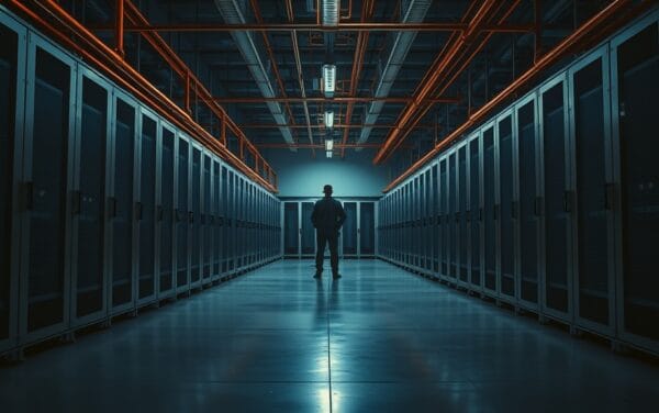 Salle de serveurs industrielle silencieuse aux tons navy et cuivre, silhouette d'un technicien de dos au loin.