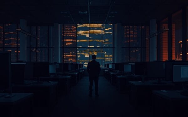 Salle des marchés institutionnelle au crépuscule, écrans éteints, silhouette d'analyste de dos au fond