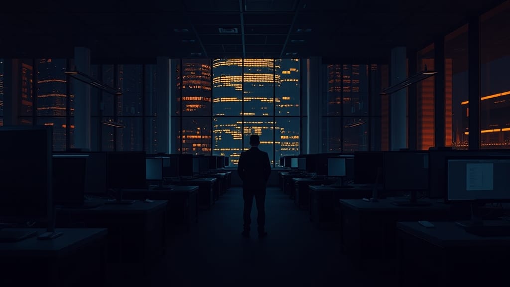 Salle des marchés institutionnelle au crépuscule, écrans éteints, silhouette d'analyste de dos au fond