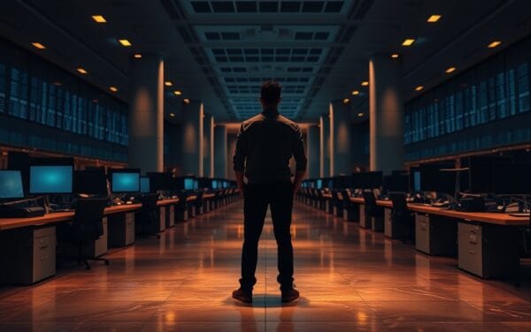 Salle de marché institutionnelle vide au crépuscule, silhouette d'analyste de dos au loin