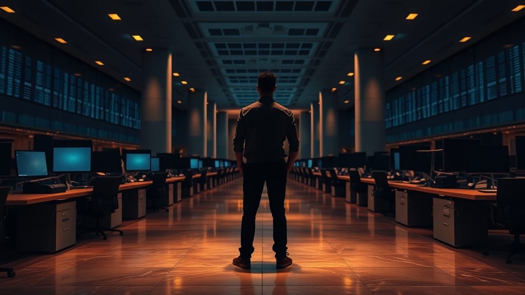 Galaxy & Sharplink : 125 M$ pour un fonds DeFi en ETH 1 Salle de marché institutionnelle vide au crépuscule, silhouette d'analyste de dos au loin