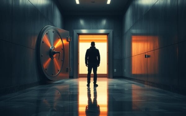 Porte de coffre-fort en acier brossé entrouverte dans un couloir institutionnel sombre, silhouette d'analyste de dos au loin.