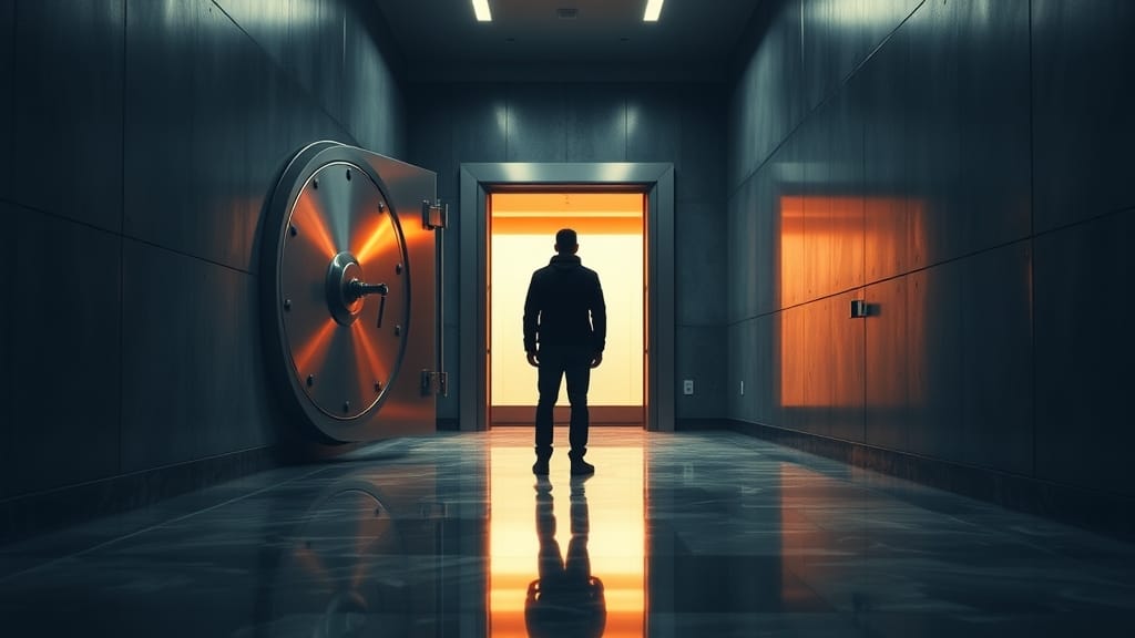 Porte de coffre-fort en acier brossé entrouverte dans un couloir institutionnel sombre, silhouette d'analyste de dos au loin.