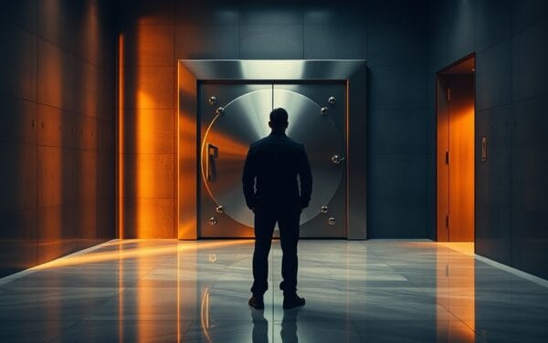 Couloir bancaire institutionnel sombre avec porte de coffre entrouverte et silhouette d'analyste de dos