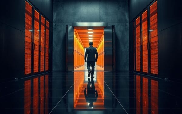 Porte de coffre-fort en acier brossé entrouverte dans un couloir institutionnel sombre éclairé d'ambre doré